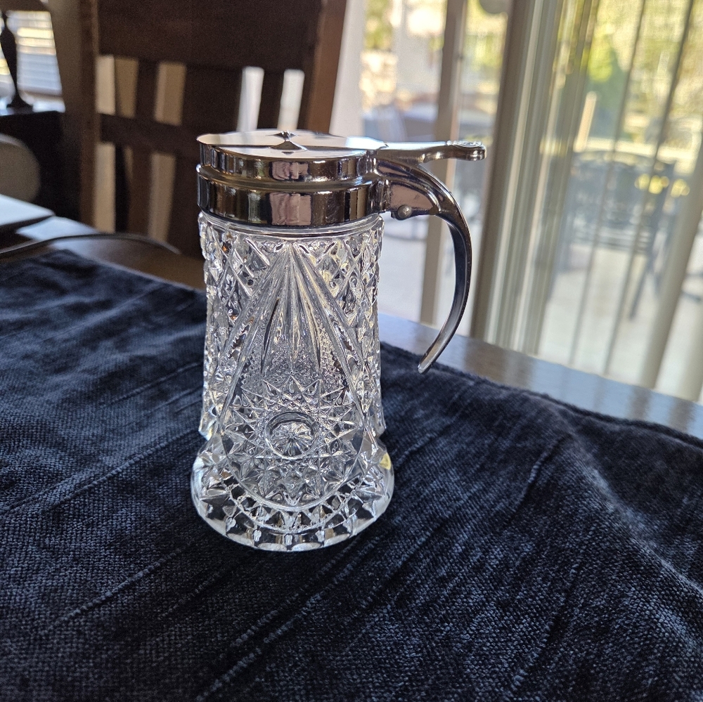 Vintage Imperial Glass Syrup Pitcher Hobstar Pattern With Metal Lid
